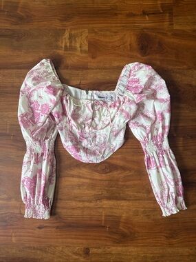 Cream and Pink Toile Puff-Sleeve Crop Top